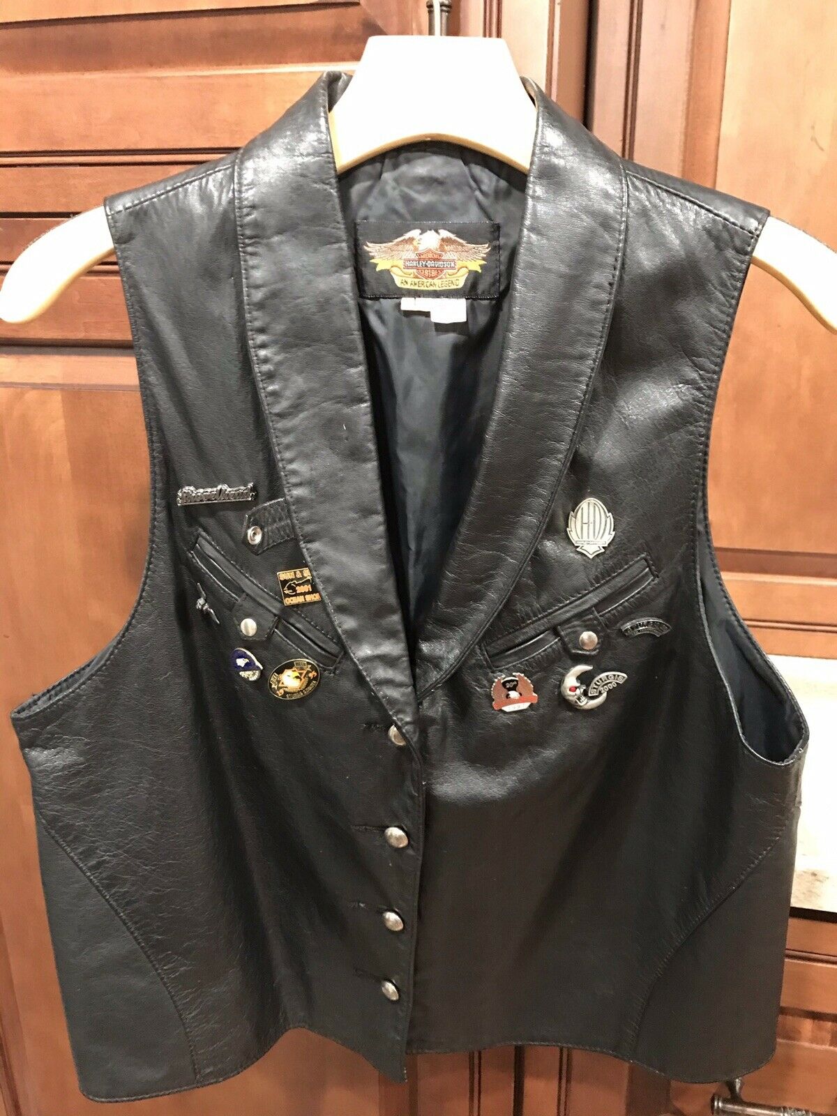 VTG Harley Davidson Vest Women’s Genuine Leather Made In USA Size L With Pins