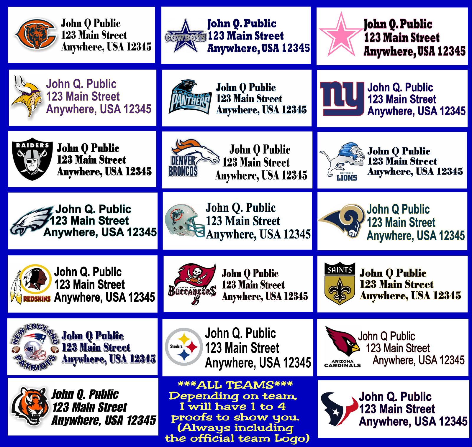 Nfl Address Labels Any Team  Bears, Cowboys, New York, Packers, Raiders...etc