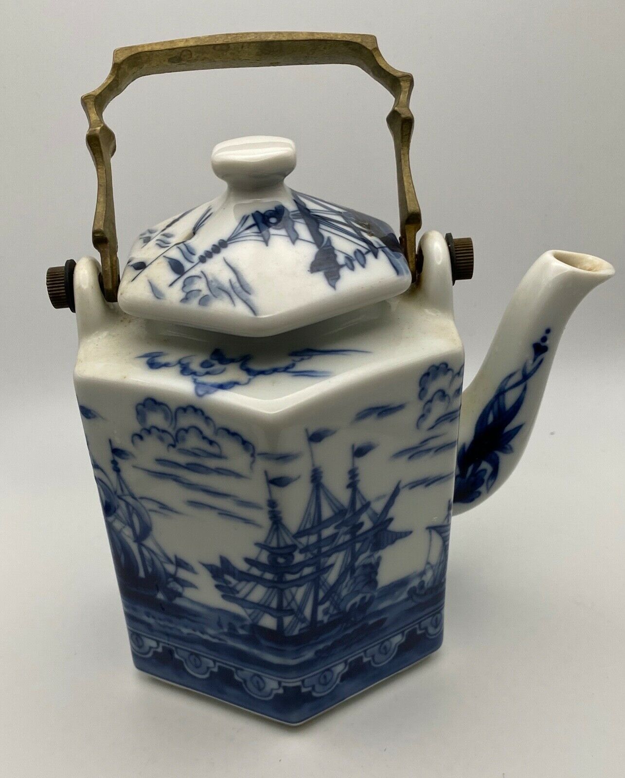 Chinese Blue & White Teapot Bronze Handle Clipper Ships