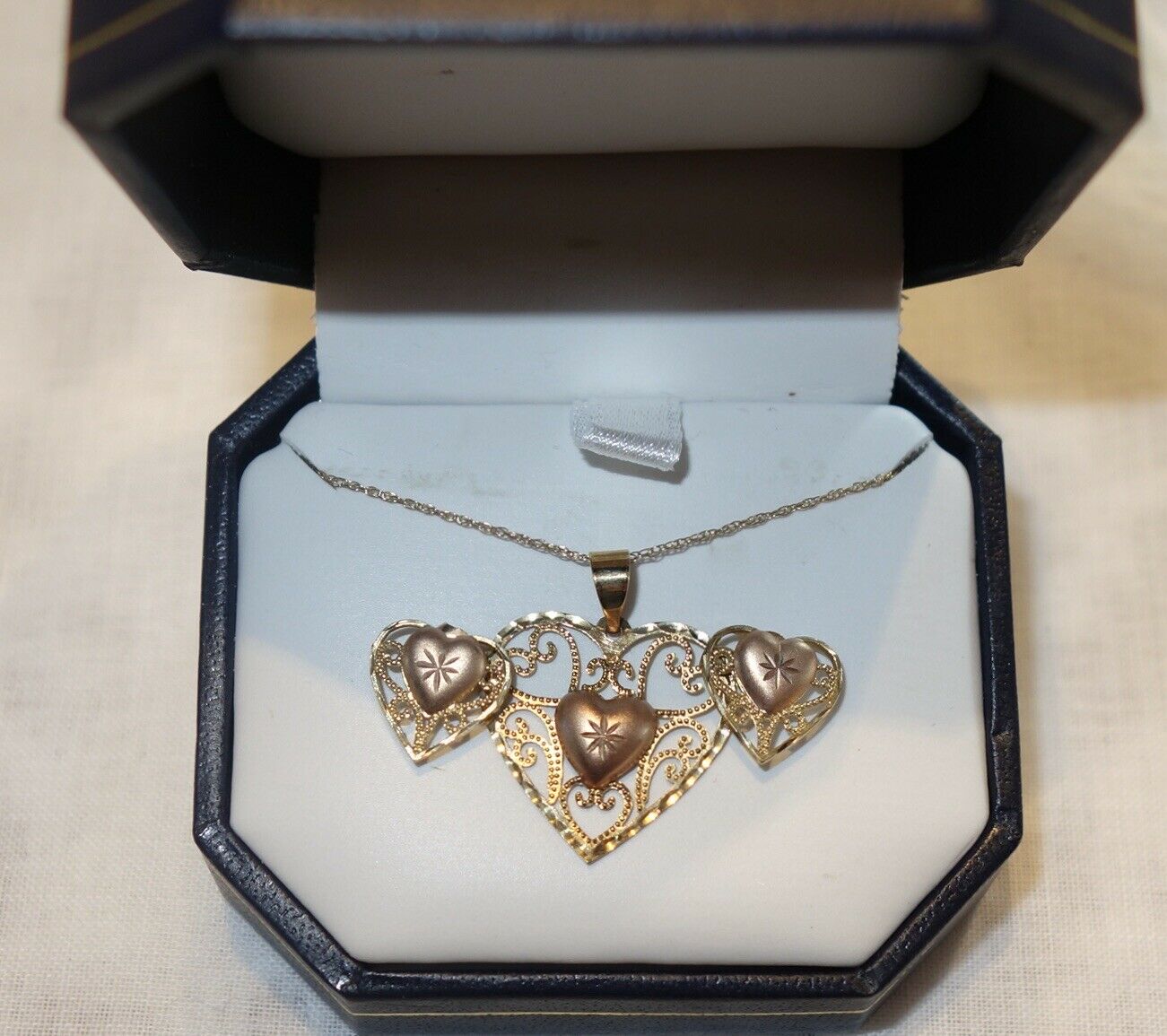 14K Two Tone Gold Heart Necklace & Matching Earrings New In Box 2G