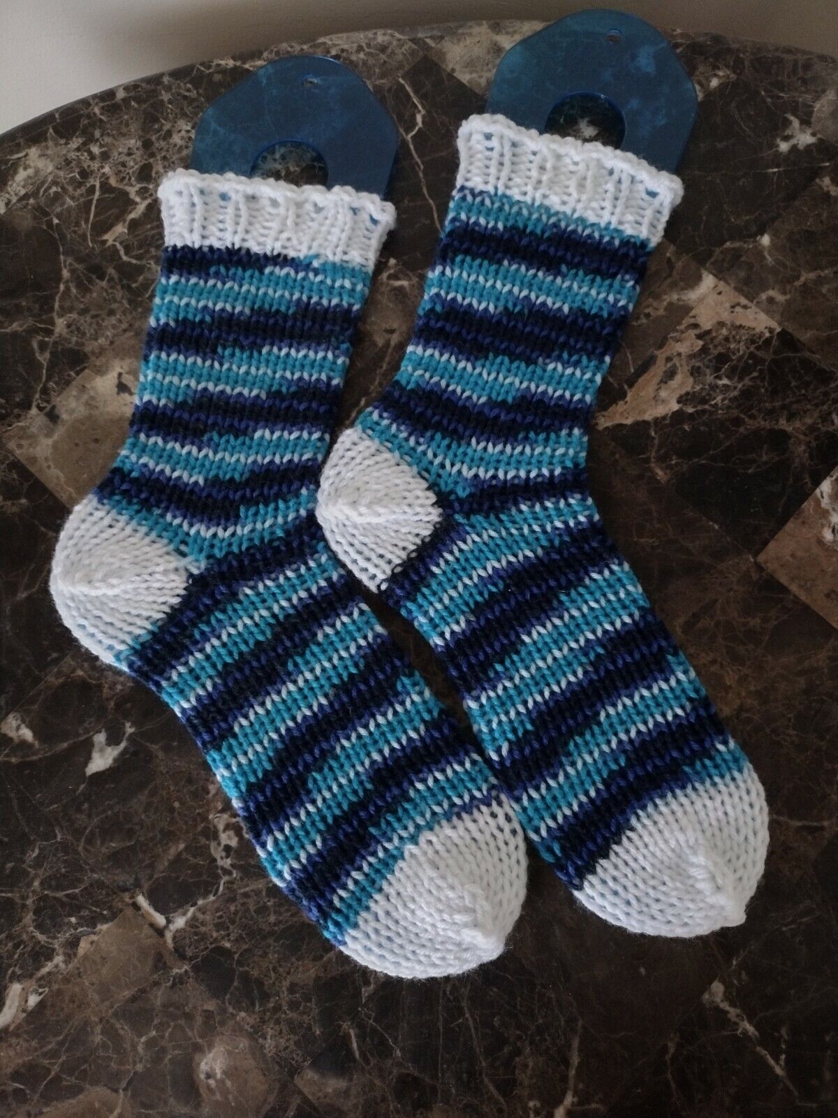 Multi Blue Hand Knit Slipper Socks