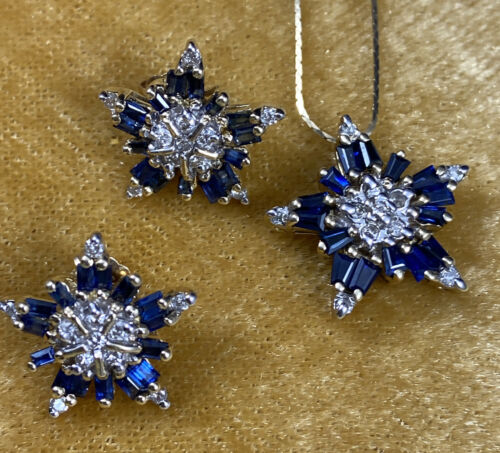 14K Yellow Gold Sapphire & Diamond Snowflake Pendant Necklace Post Earring Set