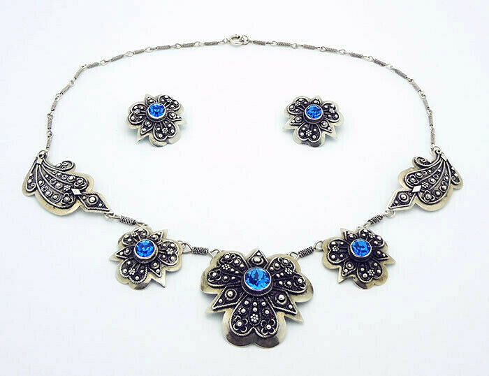Made in Israel Blue Stone Necklace & Clip-on Earrings Set in Sterling silver