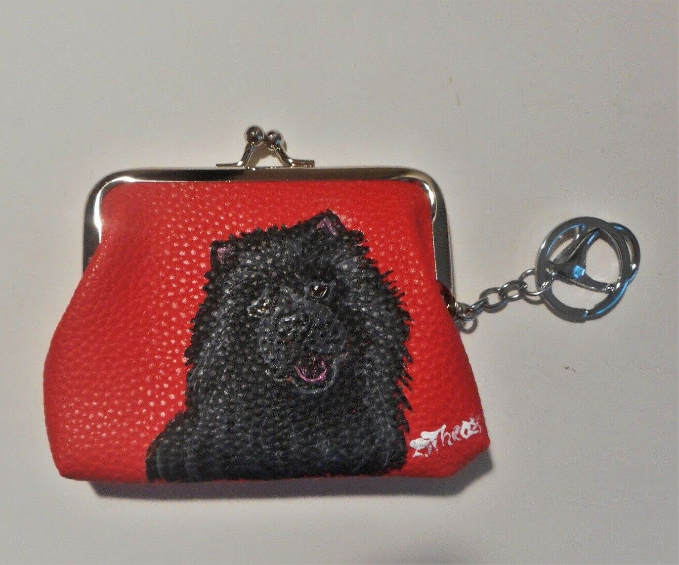 Black Chow Chow dog Hand Painted Red Coin Purse with Key chain Vegan Leather