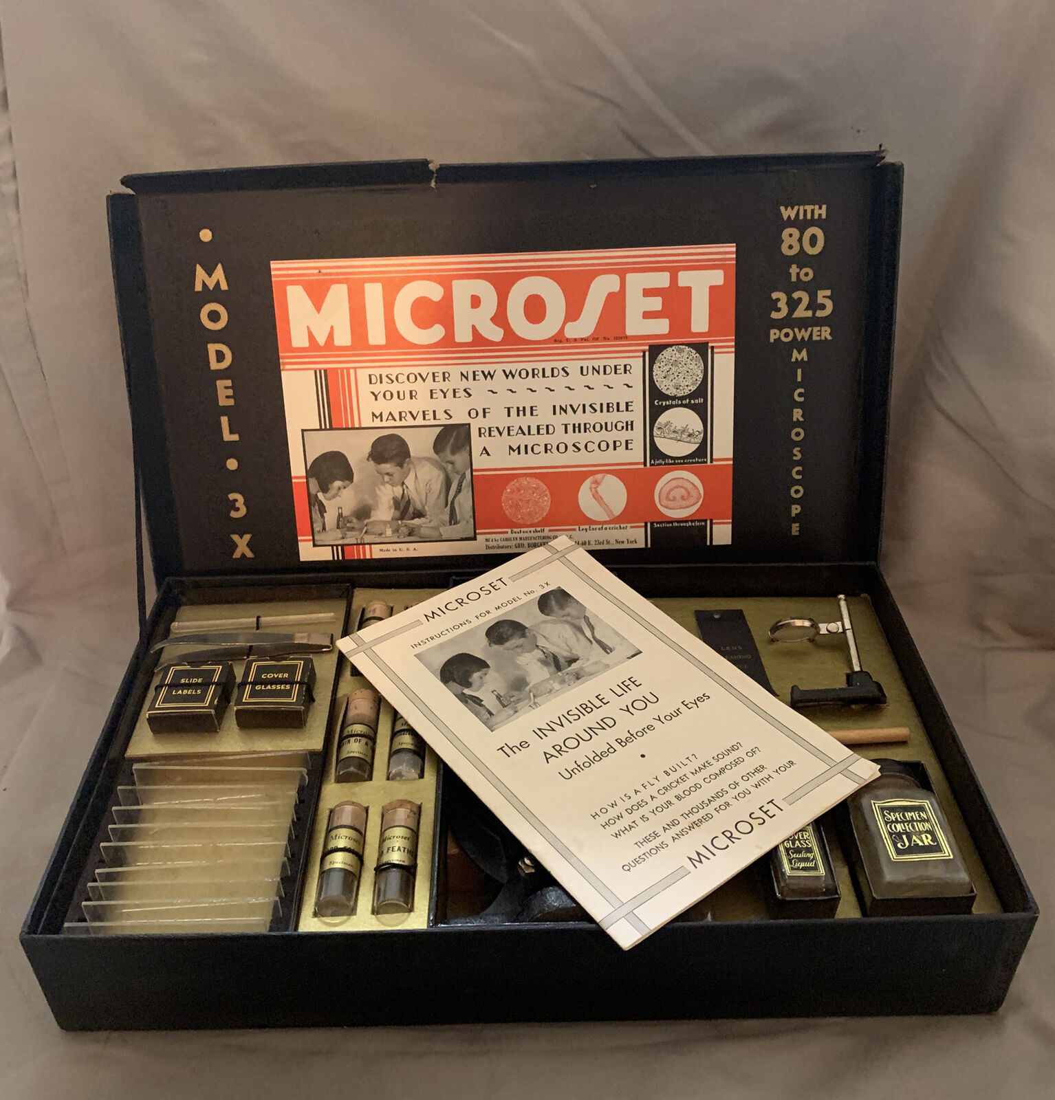 Antique Microset Microscope Model 3x Original Box
