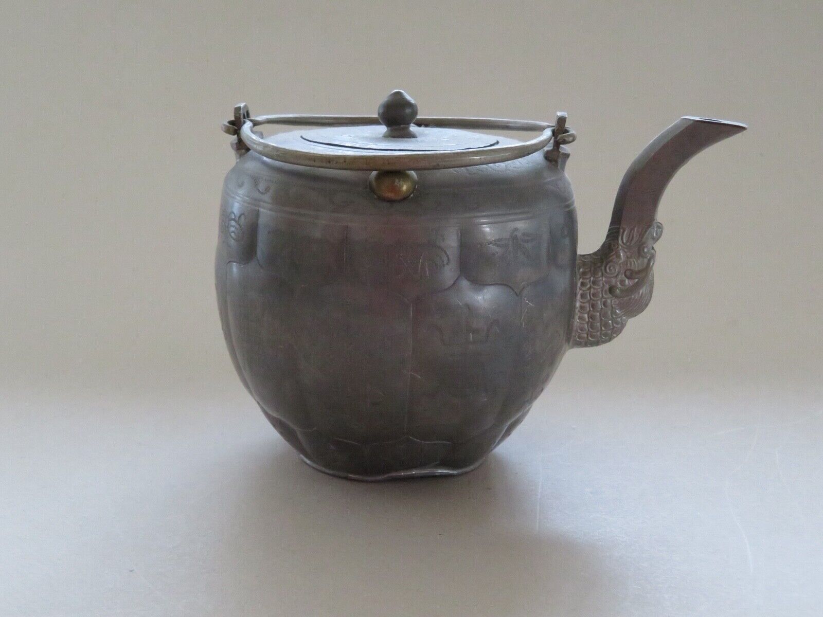ANTIQUE CHINESE PEWTER & BRASS TEAPOT - DRAGON SPOUT - MARKED CHINA - CIRCA 1900