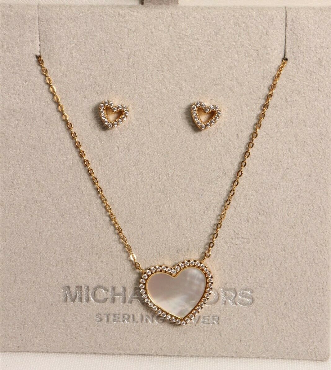 Michael Kors Gold Tone over .925 Sterling MOP CZ Heart Necklac Earrings $195 New