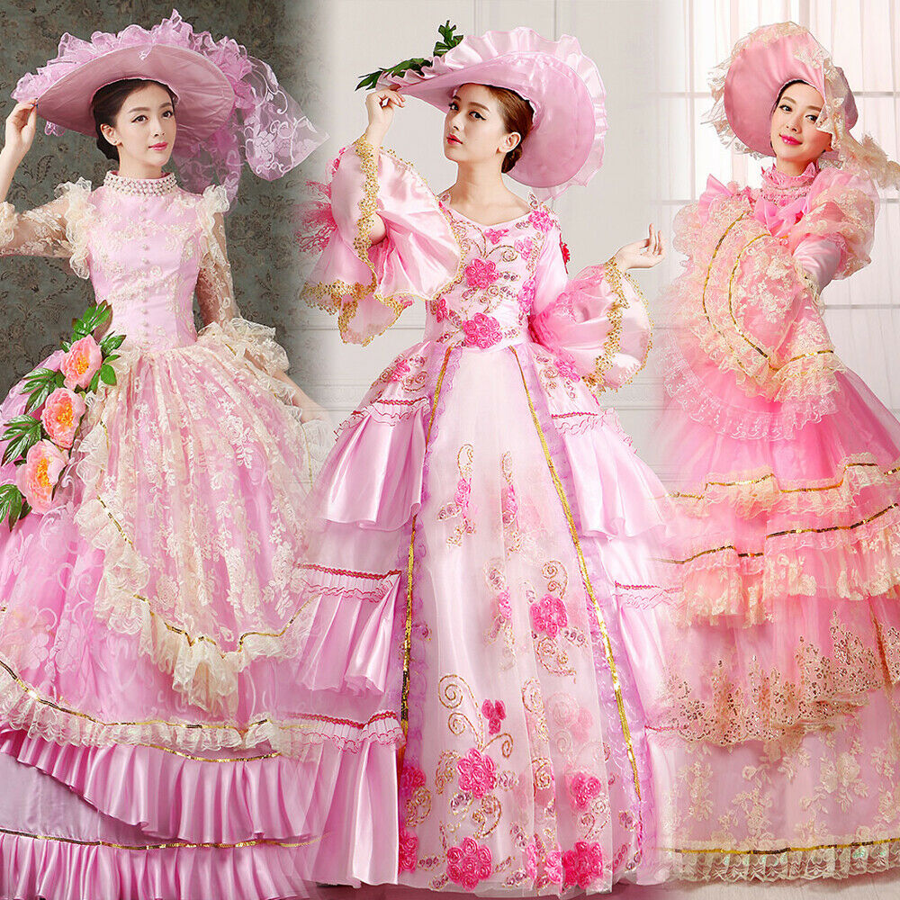 Women Medieval Renaissance Dress Pink Party Ball Gown Court Costumes