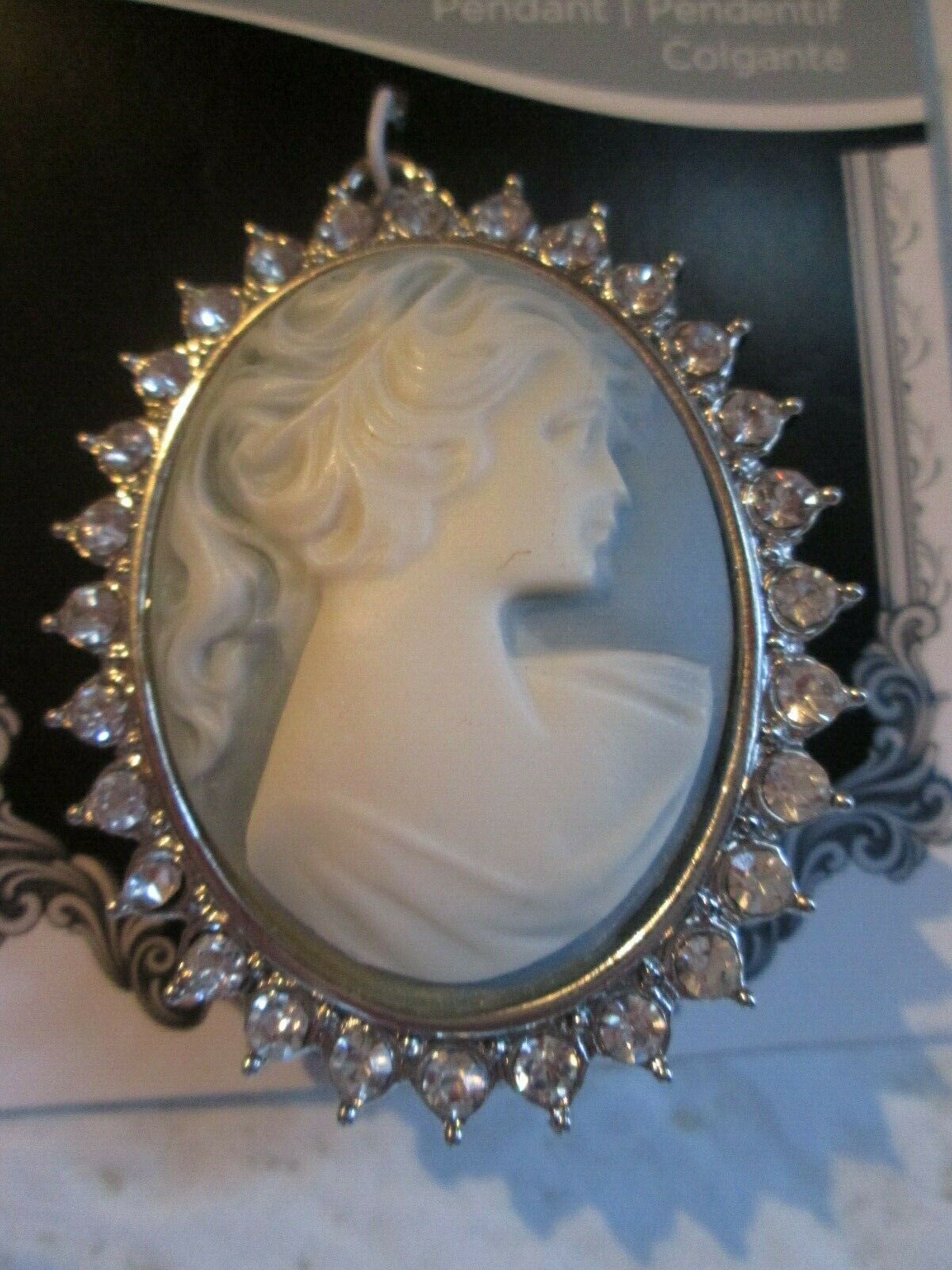 Blue Brooch Cameo Pin Pendant Oval Crystal Rhinestones New Victorian Repro Large
