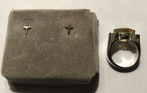 14k Gold Cross Earrings & Sterling Silver 925 Ring Lot (2)