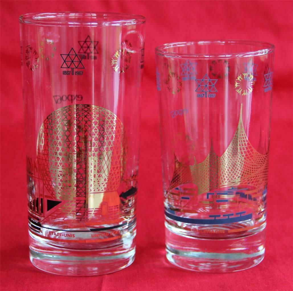 Pair Expo 67 Montreal Glasses Tumblers Usa Pavilion And Germany No Damage 1967