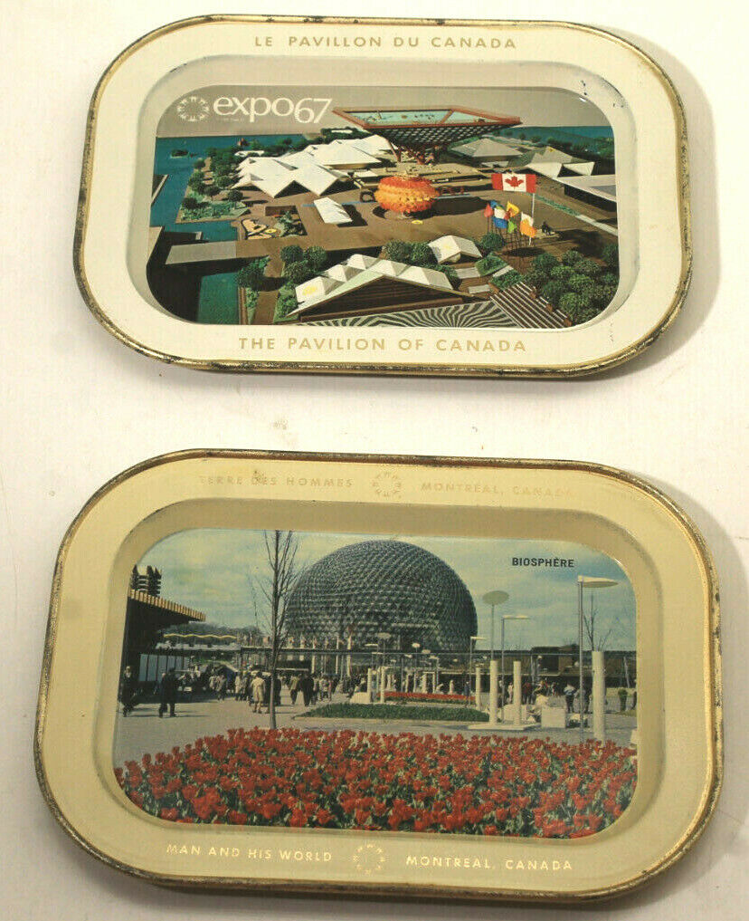 Two (2) Montreal Expo Man & His World 1967 Tin Trays Vintage & Clean Biosphere