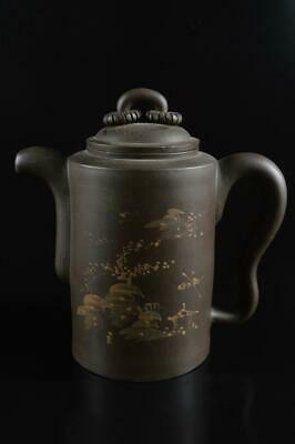 #4608: Xf Chinese Brown Pottery Landscape Poetry Teapot Kyusu Sencha, Auto