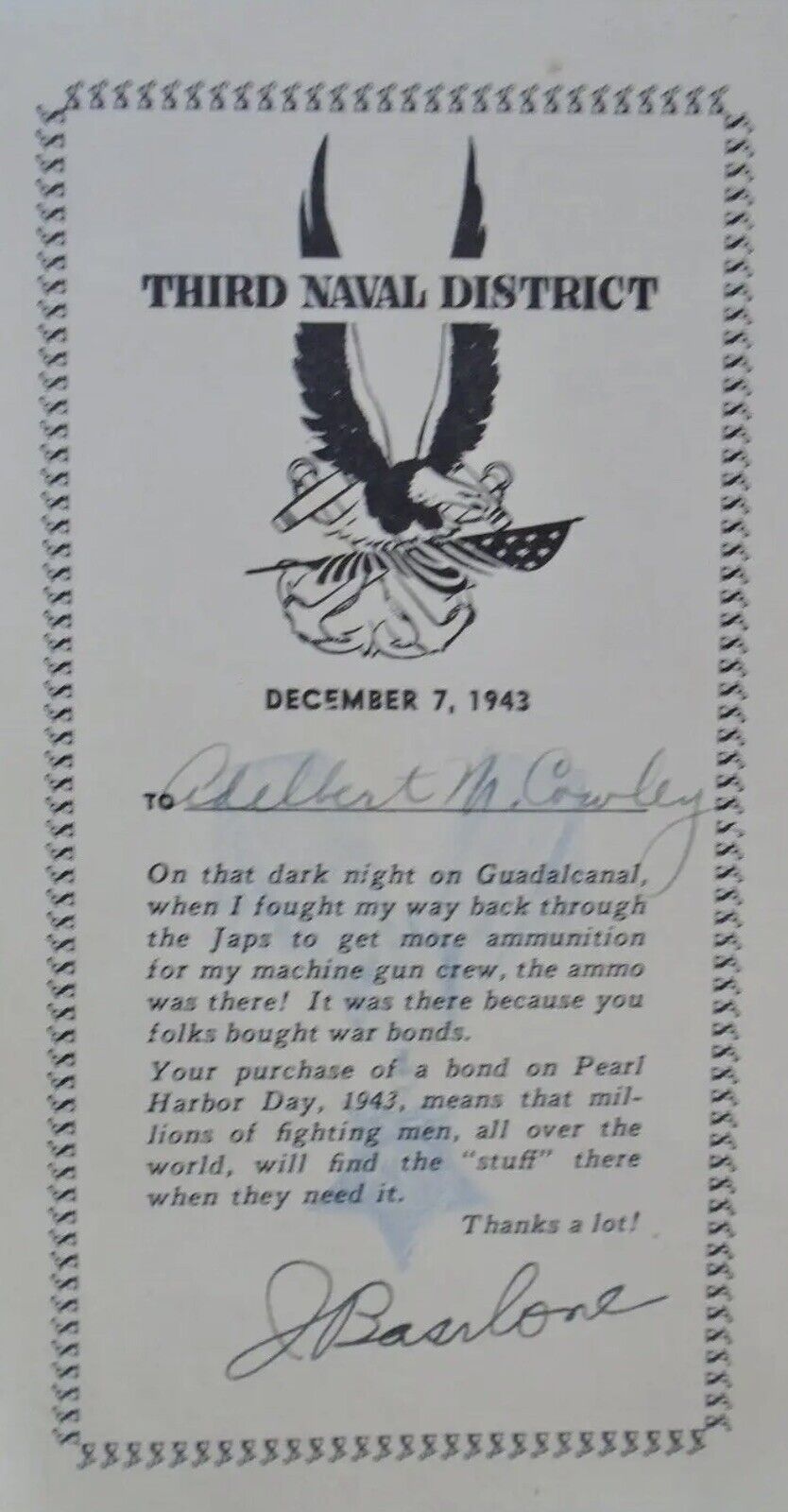 US MARINE CORPS GUNNERY SERGEANT JOHN BASILONE ORIGINAL SIGNED WAR BOND CARD