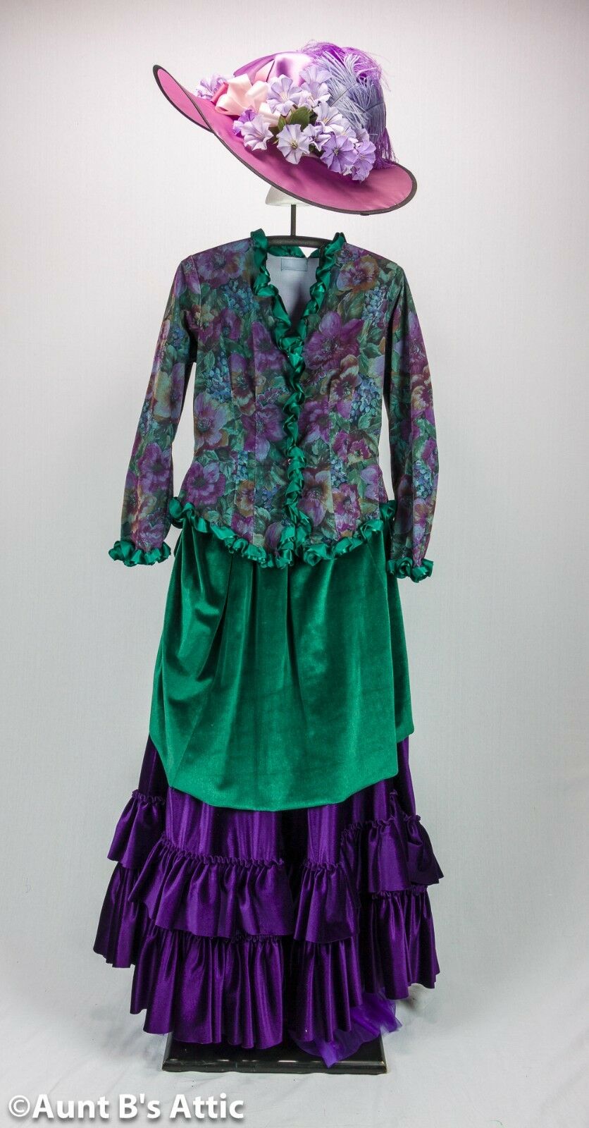 Historical Late 1800's Ladies 4 Pc. Green & Purple Skirt Crinoline Top & Hat Md