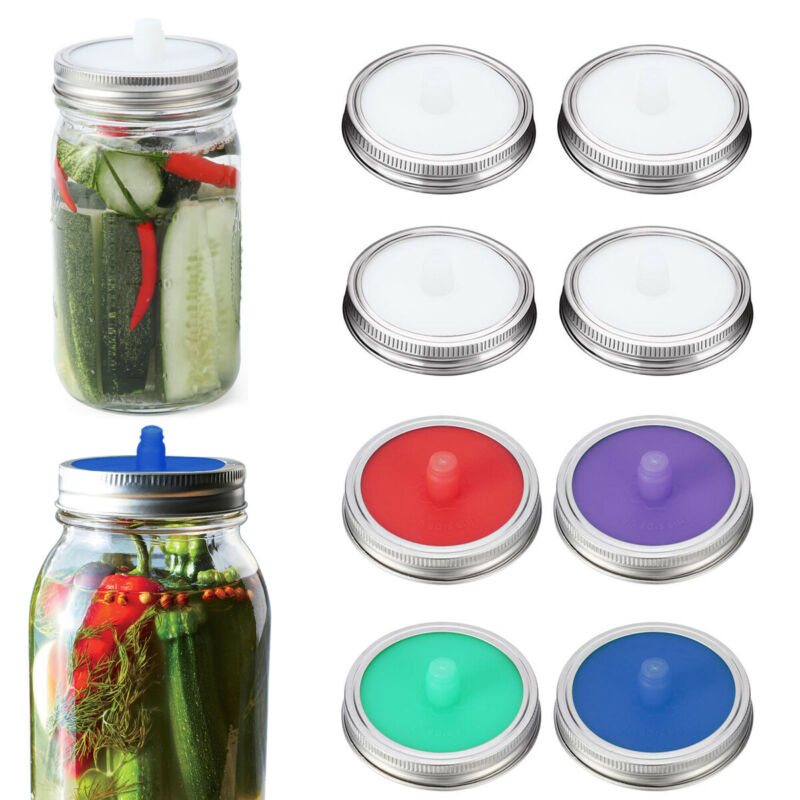 Fermentation Lids Waterless Airlock Silicone Fits For Wide Mouth Mason Jar, 4pcs