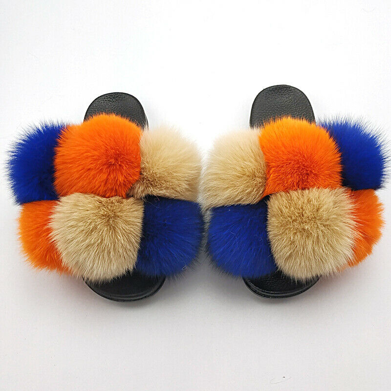 Fur Slippers Pom Pom Slides Real Whole Fox Fur Home Slides Comfortable Plus Size