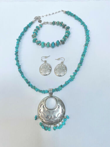 Turquoise and Silver Jewelry Set - Includes Earring Set, Bracelet And Necklace
