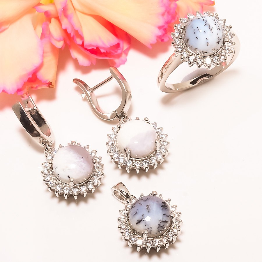Brazilian Dendritic Opal Silver Handmade Earring & Pendant & Ring Set (39)