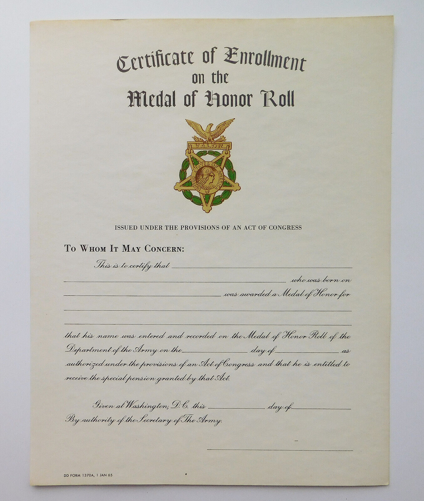 UNISSUED CERTIFICATE OF ENROLLMENT ON THE MEDAL OF HONOR ROLL DOCUMENT