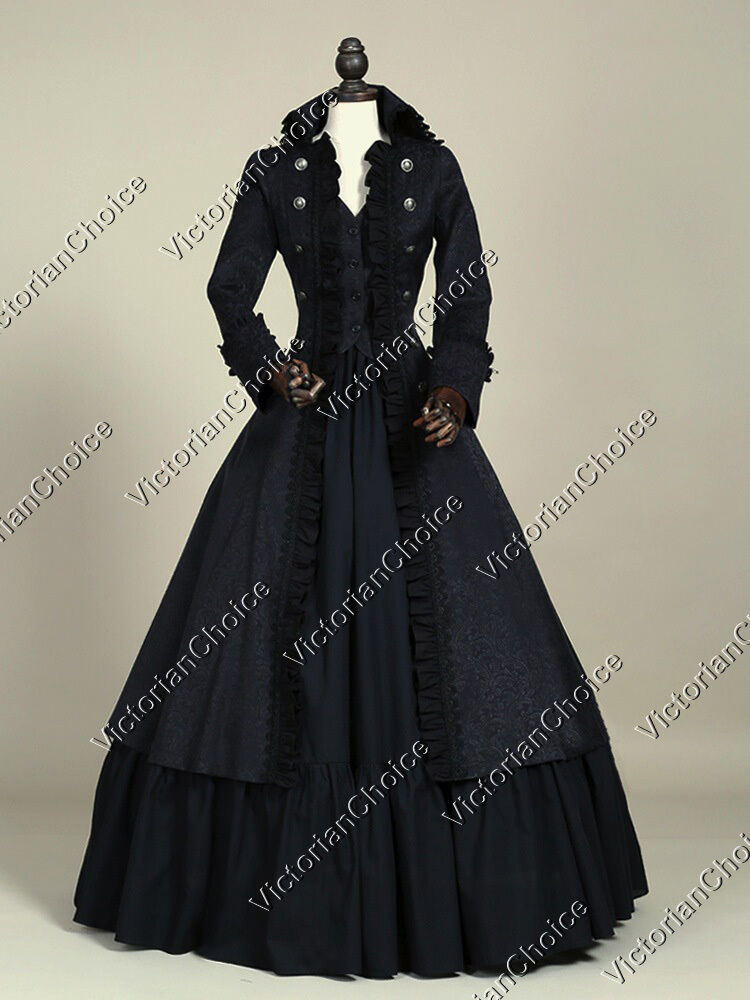 Black Victorian Steampunk Military Coat Dress Punk Witch Halloween Costume 176