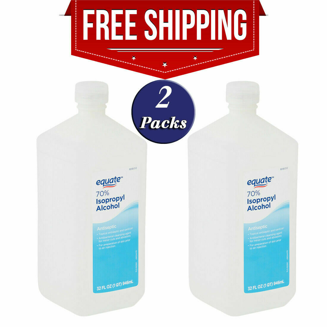 2 Pack Antiseptic Equate 70% Isopropyl Alcohol Antibacterial First Aid 32 Fl Oz