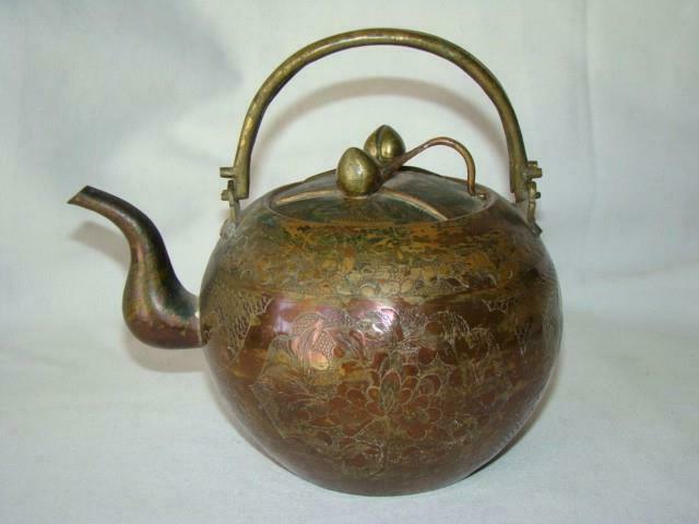 Antique CHINESE Gooseneck Engraved Dual Handle Brass Teapot, Fruit Finial, CHINA